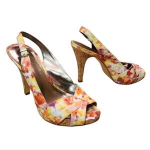 Alfani Shoes Womens Size 5.5 M Leather Floral Slingback Peep Toe Heels Valencia